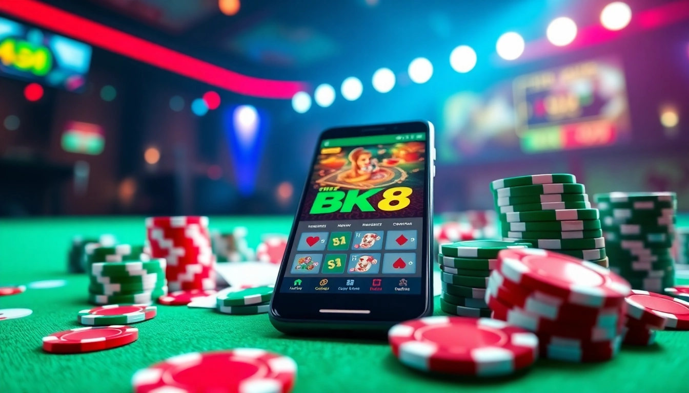 Experience the excitement of bk860s.com through a visually engaging depiction of online betting with vibrant casino elements.