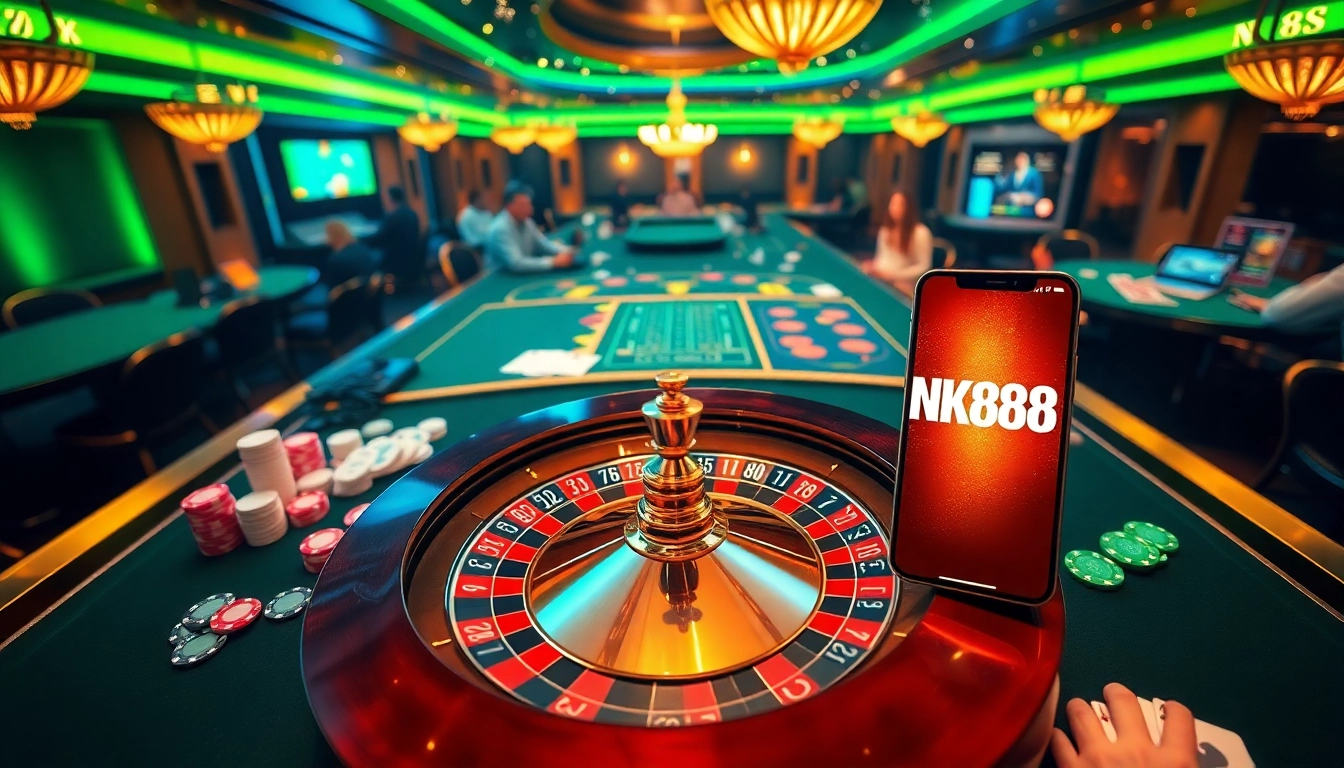 Experience the thrill of NK888 online gambling with a vibrant casino scene showcasing roulette and poker.