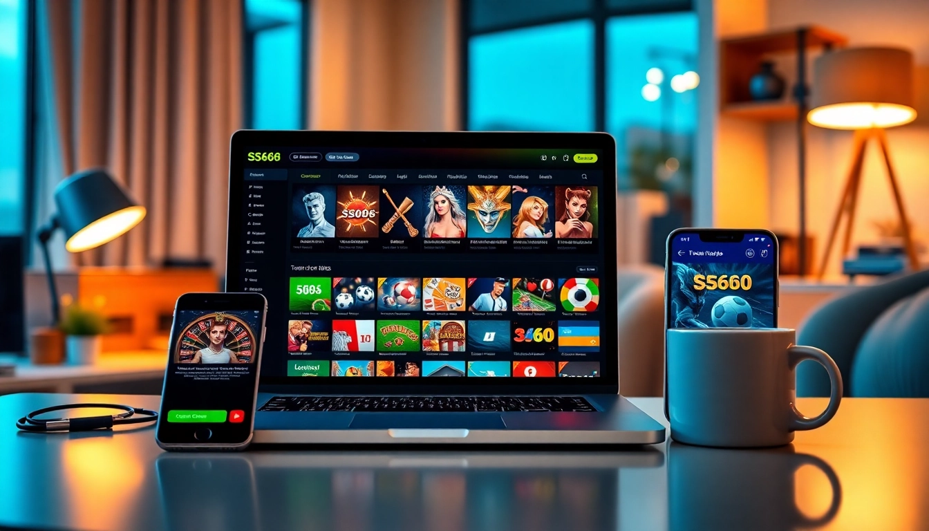 S666.nyc online gambling platform displayed on a laptop in a modern office environment, featuring vibrant games and sports betting.