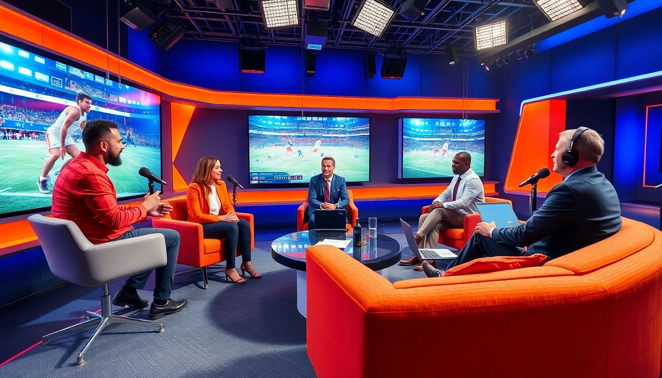 Hosts discussing highlights in a vibrant sports broadcasting studio setting.