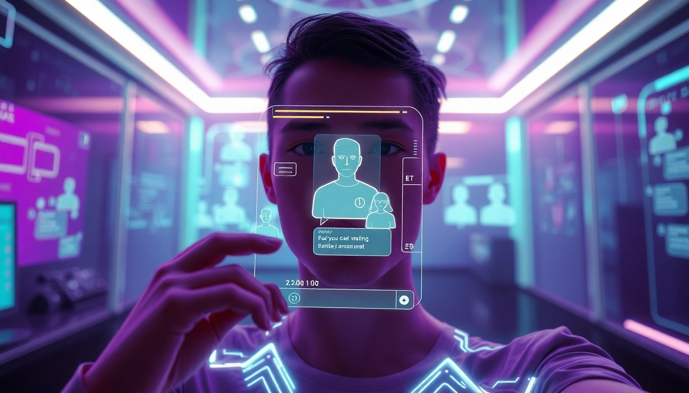 Interactive NSFW chat bot interface in a futuristic setting, showcasing engaging avatars and vibrant lighting.