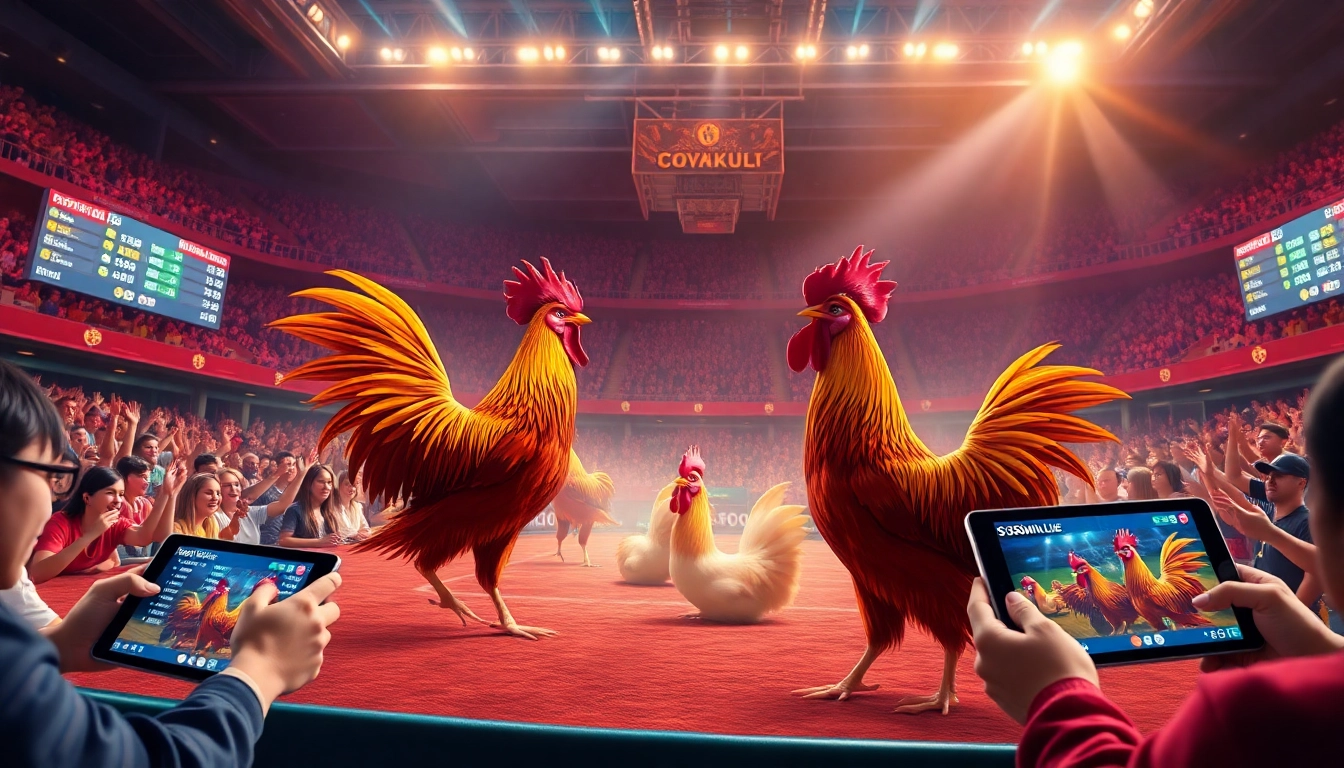 Exciting online cockfighting event at sv368win.live with digital betting boards and cheering audience.