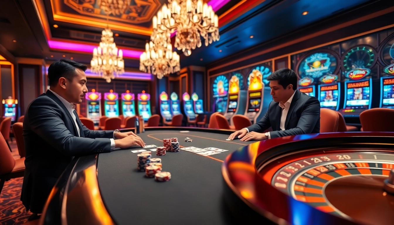 Experience the excitement of online gambling at loto188.gb.net with luxurious poker tables and vibrant slot machines.