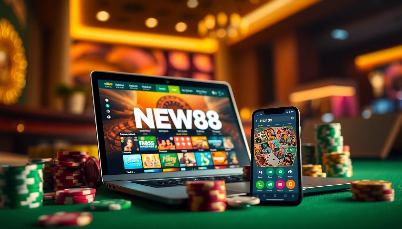 Experience the excitement of online gaming with new88go.com showcasing vibrant casino elements and a modern interface.