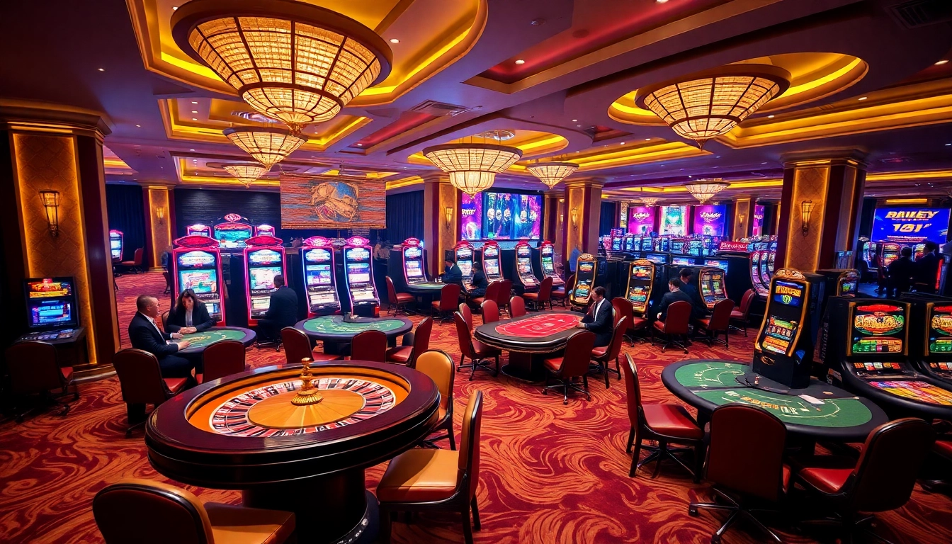 Exciting casino scene at 8daywin.live featuring poker tables, roulette wheels, and slot machines.